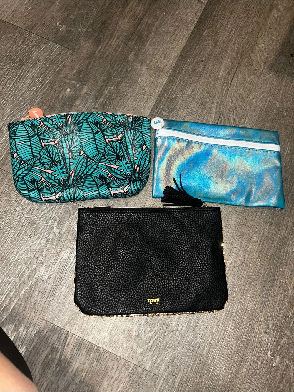Ipsy Teal Leaf, Iridescent Blue & Gold Sequin Cosmetic Pouch Trio
